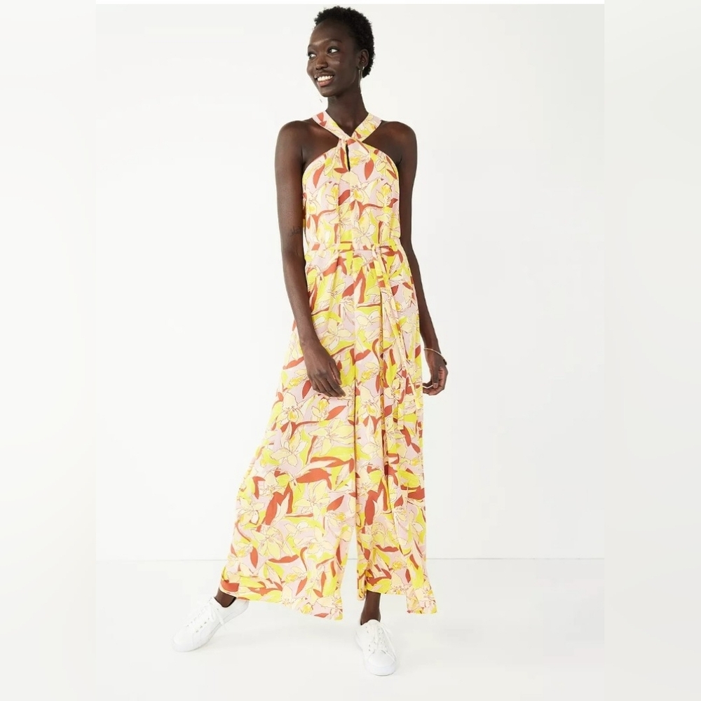 Nine West Retro-Inspired Tropical Floral Jumpsuit - High Neck - Wide Leg -Size M